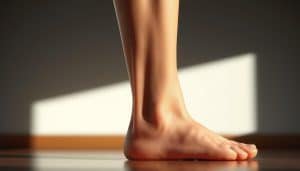 A high-resolution, photorealistic image of a human leg with a close-up view of the midportion achilles tendon. The tendon appears slightly inflamed and discolored, indicating tendinopathy. The scene is well-lit from the side, casting soft shadows that accentuate the tendon's texture and form. The background is blurred, keeping the focus on the tendon and the surrounding anatomy. The overall mood is clinical and informative, conveying the medical nature of the subject matter. The image is captured at a medium-range angle, allowing for a detailed examination of the affected area.