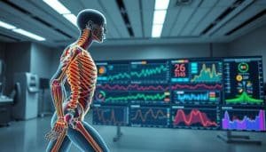 A high-tech biomechanical analysis of a professional athlete's kinetic chain in motion, captured with a state-of-the-art 4K camera setup. The foreground depicts a detailed 3D skeletal model of the athlete's body, with colored lines and vectors visualizing the complex interplay of muscle groups, joints, and energy transfer during a dynamic sports performance. The middle ground shows a series of multicolored graphs and data visualizations, presenting real-time biomechanical metrics and insights. The background features a sleek, minimalist laboratory setting with advanced sports therapy equipment, creating an atmosphere of cutting-edge sports science and innovation.