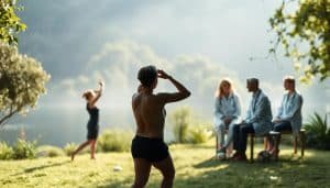A holistic recovery model showcasing the interconnected physical, mental, and social aspects of the biopsychosocial approach to sports therapy. In the foreground, a figure performing gentle stretches and exercises amid a serene, nature-inspired setting with lush greenery and a calming body of water. The middle ground features a counselor and patient engaged in a thoughtful discussion, highlighting the importance of mental and emotional well-being. In the background, a team of healthcare professionals collaborating, emphasizing the multidisciplinary approach. The lighting is soft and diffused, creating a soothing, introspective atmosphere. The scene is captured with a wide-angle lens, conveying a sense of balance and wholeness.