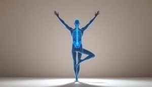 A human figure in a yoga pose, legs extended and arms reaching overhead, with a transparent overlay of neural pathways highlighted in a vibrant blue hue. The figure is illuminated by a soft, diffuse light, casting gentle shadows and creating a sense of tranquility. The background is a serene, minimalist environment, allowing the focus to remain on the central figure and the highlighted neural tension release techniques. The overall composition conveys a balance between physical and neurological aspects, emphasizing the interconnectedness of the body's systems.