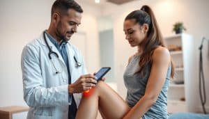 A medical professional in a lab coat examines a patient's knee, using a digital pain assessment tool. The examination takes place in a well-lit, modern sports therapy clinic, with clean, minimalist decor. The patient's face is not visible, but their body language and the practitioner's attentive stance convey a sense of care and concern. Soft, diffused lighting casts a warm, clinical glow, while the camera angle emphasizes the collaborative nature of the assessment process. The overall scene suggests a professional, compassionate approach to evaluating and addressing the patient's sports-related pain.