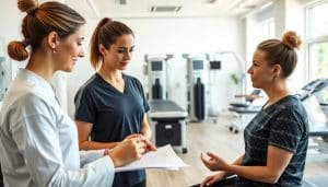 A meticulously curated sports therapy clinic with a biopsychosocial approach. In the foreground, a sports therapist carefully reviews a personalized treatment plan with a patient, their faces expressing attentive collaboration. The middle ground showcases an array of rehabilitation equipment and modalities, hinting at the clinic's comprehensive care. The background depicts an open, airy space filled with natural light, conveying a serene, wellness-focused atmosphere. The scene is captured with a medium-wide lens, creating a balanced, inviting composition that highlights the clinic's emphasis on tailored, holistic rehabilitation.