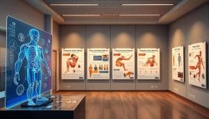 A meticulously designed sports medicine educational materials display, showcasing interactive anatomical diagrams, detailed injury treatment guides, and cutting-edge rehabilitation techniques. The foreground features a sleek, holographic interface with intuitive touch controls, allowing users to explore the human musculoskeletal system in vivid 3D. The middle ground presents a series of informative posters, each highlighting a specific sports injury and its corresponding therapy methods, bathed in a warm, inviting lighting. The background depicts a modern, minimalist clinic setting, with clean lines and a serene color palette to create a calming, educational atmosphere.