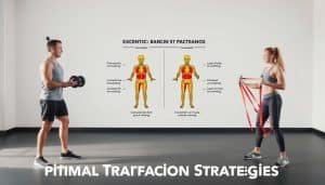 A meticulously rendered, high-resolution image of an optimal training integration strategy for eccentric versus concentric muscle activation. In the foreground, a fitness instructor demonstrates proper form for eccentric and concentric exercises using free weights and resistance bands. The middle ground features a schematic diagram illustrating the biomechanical principles of each movement. In the background, a clean, minimalist studio setting with soft, even lighting accentuates the exercise demonstration and technical information. The overall tone is informative, educational, and visually appealing to complement the "Optimal Training Integration Strategies" section of the article.