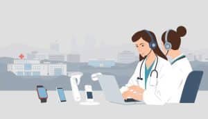 A minimalist, realistic digital illustration depicting the key trends in post-COVID telehealth. In the foreground, a medical professional conducts a virtual consultation with a patient using a laptop and headphones. The middle ground shows various telehealth devices such as smart watches, tablets, and remote monitoring sensors. In the background, a cityscape with modern hospitals and healthcare facilities conveys the integration of telehealth into the broader healthcare ecosystem. The scene is rendered in a muted color palette with soft lighting to evoke a calming, professional atmosphere.