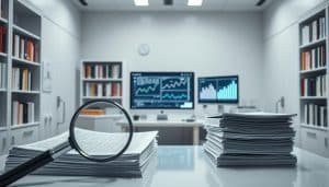 A minimalist research laboratory with clean white walls and gleaming stainless steel equipment. In the foreground, a magnifying glass examines a stack of research papers, symbolizing the careful scrutiny of methodology. The middle ground features a computer screen displaying statistical models and scatter plots, representing the analytical process. In the background, bookshelves filled with academic journals create a scholarly atmosphere, hinting at the depth of knowledge required to conduct unbiased research. Soft, directional lighting casts subtle shadows, emphasizing the precision and attention to detail necessary for minimizing bias. The overall mood is one of intellectual rigor, objectivity, and a commitment to scientific integrity.