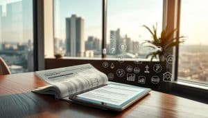 A modern, clean-lined office interior with a large picture window overlooking a city skyline. On a wooden desk, several open insurance policy documents are arranged, accompanied by a tablet displaying policy options and coverage details. A variety of insurance-related icons and infographic elements are subtly incorporated into the scene, creating a visually compelling and informative composition. The lighting is warm and natural, creating a sense of professionalism and authority. The overall atmosphere conveys a thoughtful, analytical approach to understanding insurance policy considerations.