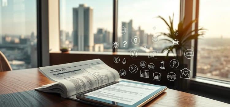 A modern, clean-lined office interior with a large picture window overlooking a city skyline. On a wooden desk, several open insurance policy documents are arranged, accompanied by a tablet displaying policy options and coverage details. A variety of insurance-related icons and infographic elements are subtly incorporated into the scene, creating a visually compelling and informative composition. The lighting is warm and natural, creating a sense of professionalism and authority. The overall atmosphere conveys a thoughtful, analytical approach to understanding insurance policy considerations.