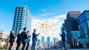 A modern office building with sleek glass and steel facades stands prominently against a clear blue sky. In the foreground, a group of professionals in business attire are gathered, gesturing animatedly as they discuss regulatory documents. The middle ground features a large city map, pinpointing key locations and landmarks relevant to the regional regulatory landscape. In the background, the bustling streets of downtown Calgary are visible, with skyscrapers and infrastructure reflecting the city's dynamic urban environment. The scene conveys a sense of professionalism, collaboration, and the importance of navigating the intricate regulatory requirements specific to the Calgary region.