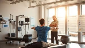 A modern sports rehabilitation clinic, bathed in warm natural light streaming through large windows. In the foreground, a patient undergoing a personalized exercise regimen supervised by a knowledgeable physical therapist. The middle ground showcases diagnostic tools and equipment, conveying a sense of evidence-based, data-driven practice. The background features informative wall displays highlighting the latest research and techniques in sports medicine. The overall atmosphere is one of professionalism, innovation, and a commitment to helping athletes recover and perform at their best.
