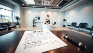 A modern sports therapy clinic interior, with a focus on liability protection documents. In the foreground, a desk displays a contract, pen, and clipboard, representing the legal aspects of the practice. The middle ground showcases a therapist examining a patient's ankle, emphasizing the medical services provided. The background features sleek, minimalist decor, giving an air of professionalism and care. Soft, diffused lighting illuminates the scene, creating a calming atmosphere. Captured with a wide-angle lens to encompass the space, this image conveys the balance between medical expertise and legal safeguards that defines the sports therapy experience.