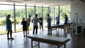 A modern sports therapy clinic set against a serene riverside landscape. In the foreground, a team of physiotherapists and trainers guide patients through personalized rehabilitation exercises, their movements captured in a soft, natural lighting. The middle ground showcases specialized equipment and treatment tables, while the background reveals the calming flow of the river and lush greenery beyond, conveying a sense of tranquility and holistic healing. The overall atmosphere is one of professionalism, care, and a focus on patient-centric recovery, reflecting the Riverside Sports Therapy approach to rehabilitation.