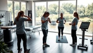 A modern, well-equipped sports therapy clinic nestled along the banks of a serene river. In the foreground, a team of skilled physiotherapists expertly guiding a patient through a series of targeted exercises, their movements captured in a soft, natural light. The middle ground reveals a range of state-of-the-art recovery tools and equipment, from massage tables to cutting-edge rehabilitation devices. In the background, large windows offer a calming view of the riverside, with lush greenery and a tranquil water feature, creating a soothing, restorative atmosphere. The overall scene exudes a sense of professionalism, expertise, and a holistic approach to sports injury recovery.