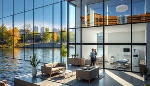 A modern, well-equipped sports therapy clinic nestled along the tranquil Bow River in Calgary. The building's sleek glass facade reflects the rippling water, creating a soothing ambiance. Inside, the reception area features ergonomic seating and calming nature-inspired decor. Sunlight streams through large windows, illuminating the clean, contemporary space. State-of-the-art treatment rooms are visible in the background, equipped with the latest rehabilitation technology. Friendly staff greet patients, ready to guide them through a comprehensive neural health assessment. The overall atmosphere conveys a sense of professionalism, wellness, and personalized care.