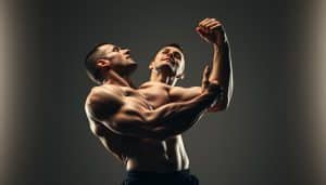 A muscular athlete in a dynamic pose, using advanced force absorption techniques to brace against powerful impacts. Detailed musculature and tension in the limbs and core, capturing the energy and control required. A high-contrast, cinematic lighting setup highlights the contours of the body, with a stark background to emphasize the focus on the technique. Dramatic camera angle, looking up at the subject, conveying a sense of power and capability. The scene exudes a sense of focused intensity and physical mastery.