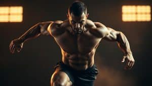 A muscular athlete in perfect form, their body a fluid kinetic chain, absorbing and channeling explosive force. Captured in mid-motion, limbs extended, sinews taut, face etched with fierce determination. The scene illuminated by warm, directional lighting, casting dramatic shadows that accentuate the sculpted physique. The background blurred, keeping the focus on the athlete's flawless technique, a masterclass in force management. An image that conveys the power, control, and athletic elegance of harnessing the body's capacity for force absorption.
