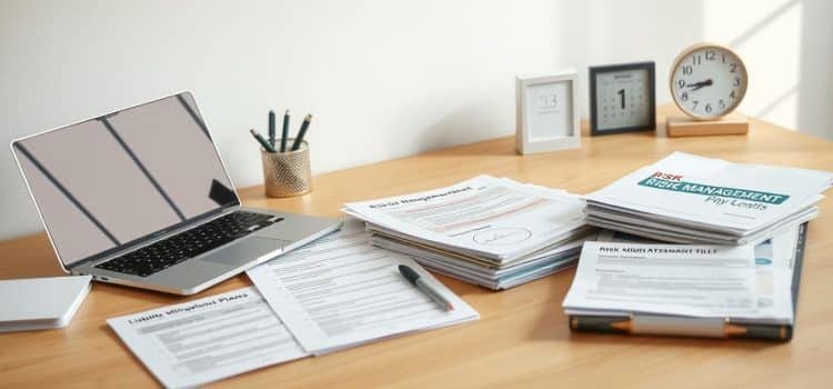 A neatly organized desk with a laptop, a stack of files, a pen holder, and a desk calendar. On the desk, various risk management tools are displayed, such as a risk assessment worksheet, a liability checklist, and a risk mitigation plan template. The lighting is soft and natural, creating a calm and professional atmosphere. The camera angle is slightly elevated, providing a clear view of the desk and its contents. The background is a neutral, minimalist office setting, allowing the risk management tools to be the focal point of the image.