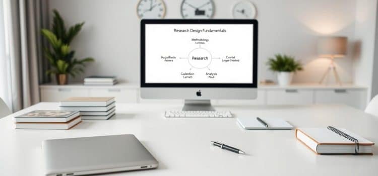 A neatly organized workspace with a crisp white table, showcasing the essential elements of research design fundamentals. In the foreground, a sleek laptop, a stack of books, and a thoughtfully arranged set of stationery items like a pen, a notebook, and a ruler. The middle ground features a large monitor displaying a simple, clean diagram illustrating the key components of the research process, such as hypothesis, methodology, data collection, and analysis. The background is softly blurred, creating a sense of focus and depth, with a minimalist wall decor and subtle ambient lighting that sets a contemplative, academic tone.