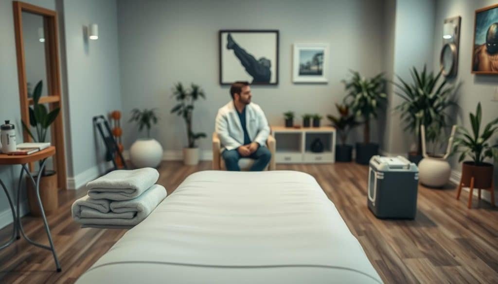 A peaceful, well-lit sports therapy clinic. In the foreground, a padded treatment table stands ready, with towels, a water bottle, and other essential items neatly arranged. The middle ground features a client sitting comfortably, conversing with a licensed sports therapist in a white coat. Soft, diffused lighting creates a calming atmosphere, while potted plants and soothing artwork adorn the walls in the background. The scene conveys a sense of professionalism, care, and patient-centered approach to sports therapy preparation.