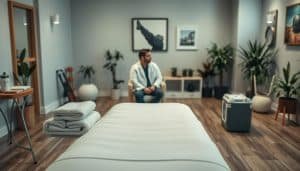 A peaceful, well-lit sports therapy clinic. In the foreground, a padded treatment table stands ready, with towels, a water bottle, and other essential items neatly arranged. The middle ground features a client sitting comfortably, conversing with a licensed sports therapist in a white coat. Soft, diffused lighting creates a calming atmosphere, while potted plants and soothing artwork adorn the walls in the background. The scene conveys a sense of professionalism, care, and patient-centered approach to sports therapy preparation.