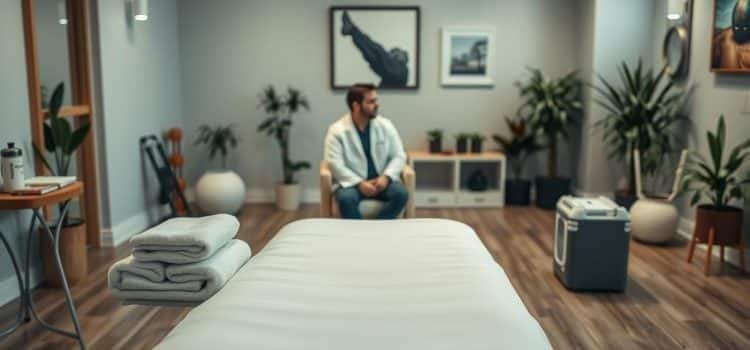A peaceful, well-lit sports therapy clinic. In the foreground, a padded treatment table stands ready, with towels, a water bottle, and other essential items neatly arranged. The middle ground features a client sitting comfortably, conversing with a licensed sports therapist in a white coat. Soft, diffused lighting creates a calming atmosphere, while potted plants and soothing artwork adorn the walls in the background. The scene conveys a sense of professionalism, care, and patient-centered approach to sports therapy preparation.