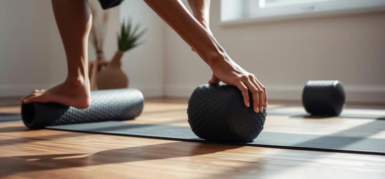 A person demonstrating various foam roller techniques on a wooden floor, with natural lighting streaming in from a nearby window. The foreground shows the person's lower body as they apply pressure and roll their legs and back. The middle ground depicts the foam roller's textured surface and the person's hands guiding its movement. The background is a minimalist, calming space, perhaps with a plant or two, to highlight the therapeutic nature of self-myofascial release.