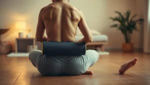 A person sitting cross-legged on a wooden floor, intently rolling a foam roller along their back, relieving muscle tension. The scene is bathed in warm, diffused lighting, creating a serene, therapeutic atmosphere. The roller's texture and the subject's focused expression convey the sensation of deep tissue massage. In the background, a blurred view of a cozy, minimalist home environment, suggesting a relaxing, restorative setting. The composition emphasizes the subject's physical and mental engagement with the recovery process, capturing the essence of self-myofascial release.