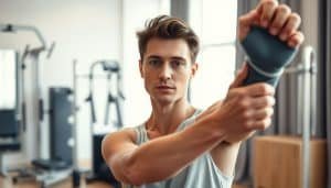 A person, their face calm and determined, stretches their injured limb during a physical therapy session. The background is a well-equipped sports rehabilitation clinic, with modern equipment and soothing neutral tones. Soft, natural lighting illuminates the scene, creating a sense of tranquility and focus. The subject's expression conveys a sense of resilience and a commitment to overcoming the challenges of their sports injury. The overall atmosphere evokes a biopsychosocial approach to sports therapy, where both the physical and mental aspects of recovery are addressed.