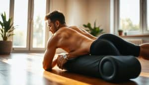 A person using a foam roller to massage and release tension in their lower back and legs, bathed in warm, natural lighting. The surroundings are a cozy, minimalist home gym setting, with a hardwood floor and a large window letting in soft, diffused daylight. The person's expression conveys a sense of relief and relaxation as they methodically work the foam roller along their muscles, gently rolling back and forth. The composition emphasizes the focused, therapeutic nature of the self-myofascial release technique, highlighting the role of foam rolling in aiding post-workout recovery.