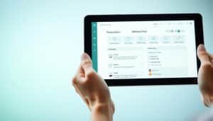 A personalized wellness plan displayed on a modern, minimalist tablet screen. In the foreground, a hand holds the tablet, showcasing a tailored program of exercises, nutrition, and wellness tips. The middle ground features a clean, soothing interface with intuitive icons and a progress tracker. The background is a soft, blurred gradient in calming shades of blue and green, conveying a sense of balance and serenity. The overall impression is one of a comprehensive, user-friendly plan that empowers the individual to take charge of their health and well-being.