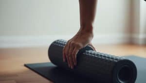 A person's hand gently rolling a foam roller along their calf muscle, creating a calming, therapeutic effect. The roller's texture and design are clearly visible, with a soft, soothing lighting illuminating the scene. The background is blurred, placing the focus on the self-myofascial release technique being performed. The overall mood is one of relaxation and effective muscle recovery, showcasing the benefits of this self-care practice.