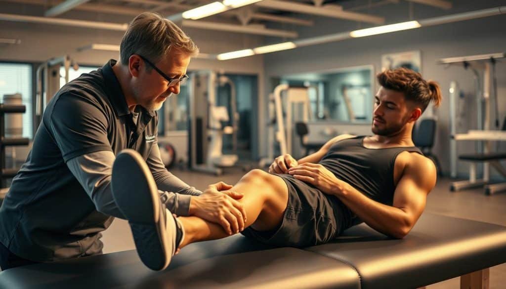 A physical therapist assisting an injured athlete on a rehabilitation table, with a well-equipped sports medicine clinic in the background. The therapist is intently examining the athlete's leg, using their hands to gently manipulate the muscles and joints. Soft, warm lighting illuminates the scene, creating a soothing, professional atmosphere. The athlete's expression conveys trust and engagement as they work together to facilitate the healing process. In the background, the clinic showcases advanced equipment and a team of healthcare professionals, all dedicated to the holistic care of athletes.