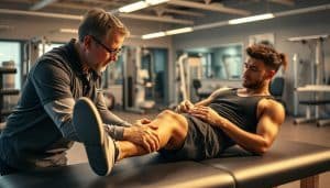 A physical therapist assisting an injured athlete on a rehabilitation table, with a well-equipped sports medicine clinic in the background. The therapist is intently examining the athlete's leg, using their hands to gently manipulate the muscles and joints. Soft, warm lighting illuminates the scene, creating a soothing, professional atmosphere. The athlete's expression conveys trust and engagement as they work together to facilitate the healing process. In the background, the clinic showcases advanced equipment and a team of healthcare professionals, all dedicated to the holistic care of athletes.