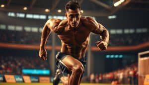 A powerful athlete sprinting forward, muscles rippling, exuding determination and focus. The scene is lit with warm, directional lighting, casting dramatic shadows and highlights that accentuate the sculpted physique. The background is a blurred sports arena, with spectators cheering in the distance, creating a sense of energy and anticipation. The camera angle is low, capturing the athlete's form in an heroic, empowering perspective. The overall mood is one of peak performance, physical excellence, and the thrill of competition.