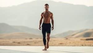 A professional athlete stands in a dynamic, well-balanced pose, their body perfectly aligned and core engaged. The scene is bathed in soft, natural lighting, capturing the athlete's fluid movements and controlled stability. In the background, a minimalist, abstract landscape provides a calming, meditative backdrop, emphasizing the importance of pelvic alignment and balance for optimal athletic performance. The image conveys a sense of power, control, and the harmony between the body and its environment, showcasing the 3-step assessment protocol for pelvic alignment.