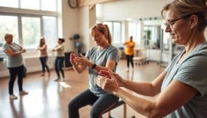 A rehabilitation clinic setting with a patient and therapist engaged in a targeted exercise routine. In the foreground, the patient is intently focused, performing fine motor exercises with their hands and fingers, guided by the therapist's gentle instructions and demonstrations. The middle ground features other patients practicing balance and coordination activities, supervised by additional therapists. The background showcases a well-equipped gym-like space with various rehabilitation equipment, natural lighting streaming in through large windows, creating a serene and calming atmosphere. The scene conveys a sense of purposeful progression, highlighting the principles of skill acquisition and motor learning inherent to the rehabilitation process.