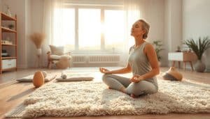 A serene and calming indoor scene featuring a person practicing pain management techniques. In the foreground, a person sits cross-legged on a soft, plush rug, their eyes closed in deep meditation, their hands resting gently on their lap. Behind them, a large window fills the room with warm, natural light, casting a peaceful glow. The middle ground features various self-care tools and accessories, such as a heating pad, massage balls, and a soothing essential oil diffuser. The background depicts a minimalist, zen-inspired decor with neutral tones and natural elements, creating a tranquil and restorative atmosphere.