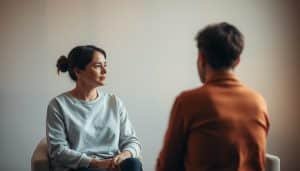 A serene and thoughtful scene of a patient and therapist engaged in a therapeutic dialogue, set against a tranquil, minimalist backdrop. The patient's expression exudes contemplation, while the therapist's body language conveys empathy and active listening. Soft, diffused lighting illuminates the space, creating a calming atmosphere conducive to introspection and goal-setting. The composition is balanced, with the figures positioned in the foreground, allowing the viewer to focus on the therapeutic exchange. The overall tone is one of quiet introspection, reflecting the process of defining realistic therapy goals.