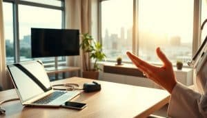 A serene home office in Calgary, with a laptop, smartphone, and medical equipment on a wooden desk. Soft natural light filters through large windows, creating a calming ambiance. In the foreground, a healthcare professional gestures towards the screen, illustrating the seamless transition from in-person to telehealth visits. The background showcases the city's skyline, hinting at the technological advancements enabling remote healthcare. Warm tones and a sense of professionalism convey the reliability and accessibility of this new medical approach.