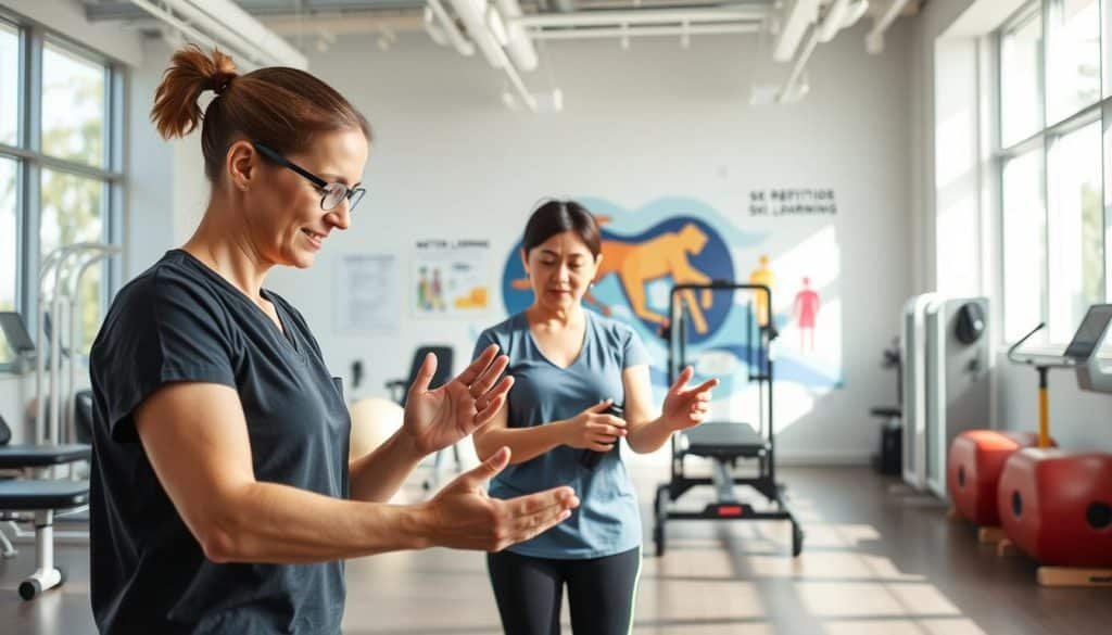 A serene, modern rehabilitation center filled with natural light streaming through large windows. In the foreground, a physical therapist guides a patient through a series of dexterity exercises, their hands demonstrating precise motor skills. The middle ground showcases various rehabilitation equipment, each designed to target specific aspects of skill acquisition. In the background, a vibrant mural depicts the principles of motor learning - repetition, feedback, and progressive challenge. The scene exudes a sense of calm, focused determination as the therapist and patient work in harmony, embodying the core tenets of effective skill rehabilitation.
