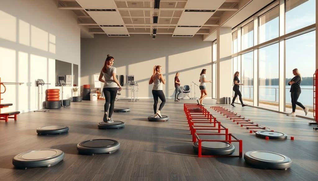 A serene, modern sports therapy clinic, its interior bathed in warm, natural light. In the foreground, a personalized coordination training program takes shape - an array of balance boards, stability discs, and agility ladders arranged in a meticulously curated layout. Clients navigate this carefully designed space, their movements graceful and focused, as they work to improve their proprioception and motor skills under the watchful guidance of attentive therapists. The middle ground features state-of-the-art equipment and treatment areas, while the background showcases floor-to-ceiling windows overlooking a tranquil, riverside setting, creating a sense of harmony and connection with the natural world.