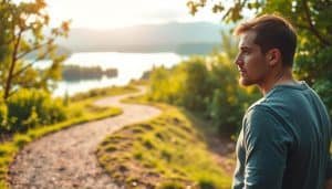 A serene, natural landscape with a winding path symbolizing the journey of navigating sports therapy treatment expectations. In the foreground, a person thoughtfully navigates the path, their expression pensive as they consider their treatment goals. The middle ground features lush, verdant foliage, suggesting the growth and progress inherent in the therapeutic process. In the background, a tranquil lake reflects the sky, evoking a sense of balance and inner calm. Warm, diffused sunlight illuminates the scene, creating a peaceful, contemplative atmosphere. The composition emphasizes the individual's introspective journey, guiding the viewer through the process of expectation management in sports therapy treatment.