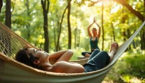 A serene outdoor scene showcasing the complementary nature of passive and active recovery. In the foreground, a person resting on a cozy hammock, eyes closed, muscles relaxed. In the middle ground, another person engages in light yoga poses, gently stretching and flowing. The background depicts a lush, verdant forest bathed in soft, diffused natural light, creating a calming atmosphere. The composition highlights the balance between periods of rest and periods of activity, with each element contributing to an overall sense of harmony and well-being.