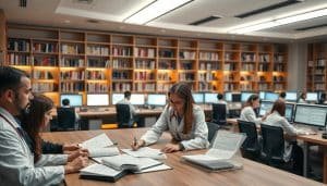 A serene, well-lit clinical research study setting. In the foreground, a group of medical professionals reviewing files and charts on a large wooden table, their expressions focused and attentive. In the middle ground, rows of computer workstations with researchers intently analyzing data on high-resolution screens. The background features wall-to-wall bookshelves, housing an extensive medical reference library, illuminated by warm, diffuse lighting from overhead fixtures. An atmosphere of quiet contemplation and diligent inquiry pervades the scene, reflecting the rigor and dedication inherent to evidence-based healthcare practices.