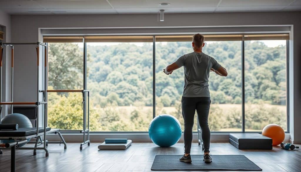 A serene yet focused scene of an integrated physical therapy approach. In the foreground, a physical therapist guides a patient through gentle exercises, their movements fluid and purposeful. The middle ground reveals various rehabilitation equipment - parallel bars, therapy balls, and exercise mats - all arranged in a harmonious layout. In the background, a panoramic window offers a calming view of a lush, verdant landscape, bathed in warm, natural lighting. The atmosphere conveys a sense of holistic healing, where the therapist's expertise and the patient's commitment converge for optimal recovery. The overall composition reflects the core principles of an integrated sports therapy and medicine approach.