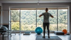 A serene yet focused scene of an integrated physical therapy approach. In the foreground, a physical therapist guides a patient through gentle exercises, their movements fluid and purposeful. The middle ground reveals various rehabilitation equipment - parallel bars, therapy balls, and exercise mats - all arranged in a harmonious layout. In the background, a panoramic window offers a calming view of a lush, verdant landscape, bathed in warm, natural lighting. The atmosphere conveys a sense of holistic healing, where the therapist's expertise and the patient's commitment converge for optimal recovery. The overall composition reflects the core principles of an integrated sports therapy and medicine approach.