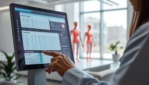A sleek, modern interface displays insurance coding data, with intuitive menus and visualization tools. In the foreground, a healthcare professional reviews claim information on a high-resolution touchscreen display, fingers gliding across the screen. The middle ground features a 3D model of a human body, digital overlays highlighting key anatomical regions. In the background, a clean, minimalist office setting with large windows allowing natural light to pour in, creating a serene, professional atmosphere. The scene conveys the power of technology to streamline insurance coding, making the process more efficient and user-friendly for healthcare providers.