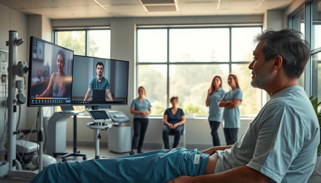 A spacious sports therapy clinic, bathed in soft natural light streaming through large windows. In the foreground, a patient undergoes a virtual assessment, their image projected on a high-resolution monitor. Surrounding them, an array of modern medical equipment and diagnostic tools, hinting at the technological capabilities of telehealth. In the middle ground, a team of sports therapists intently observes the virtual session, their expressions reflecting the benefits and limitations of this remote approach. The background showcases a serene, nature-inspired setting, suggesting the relaxing atmosphere of the clinic. The overall scene conveys the融合of traditional and cutting-edge practices in the evolving field of telehealth sports therapy.