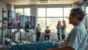 A spacious sports therapy clinic, bathed in soft natural light streaming through large windows. In the foreground, a patient undergoes a virtual assessment, their image projected on a high-resolution monitor. Surrounding them, an array of modern medical equipment and diagnostic tools, hinting at the technological capabilities of telehealth. In the middle ground, a team of sports therapists intently observes the virtual session, their expressions reflecting the benefits and limitations of this remote approach. The background showcases a serene, nature-inspired setting, suggesting the relaxing atmosphere of the clinic. The overall scene conveys the融合of traditional and cutting-edge practices in the evolving field of telehealth sports therapy.