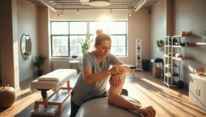 A spacious sports therapy clinic, bathed in warm, natural lighting. In the foreground, a physiotherapist expertly applying deep tissue massage techniques to a patient's shoulder, their focused expressions conveying the intensity of the treatment. In the middle ground, a massage table and various therapeutic equipment hint at the range of manual therapies available. The background features a serene, minimalist decor with soothing earth tones, creating a calming, professional atmosphere conducive to healing. The scene captures the essence of sports therapy, where skilled practitioners use their hands to alleviate pain and restore mobility.